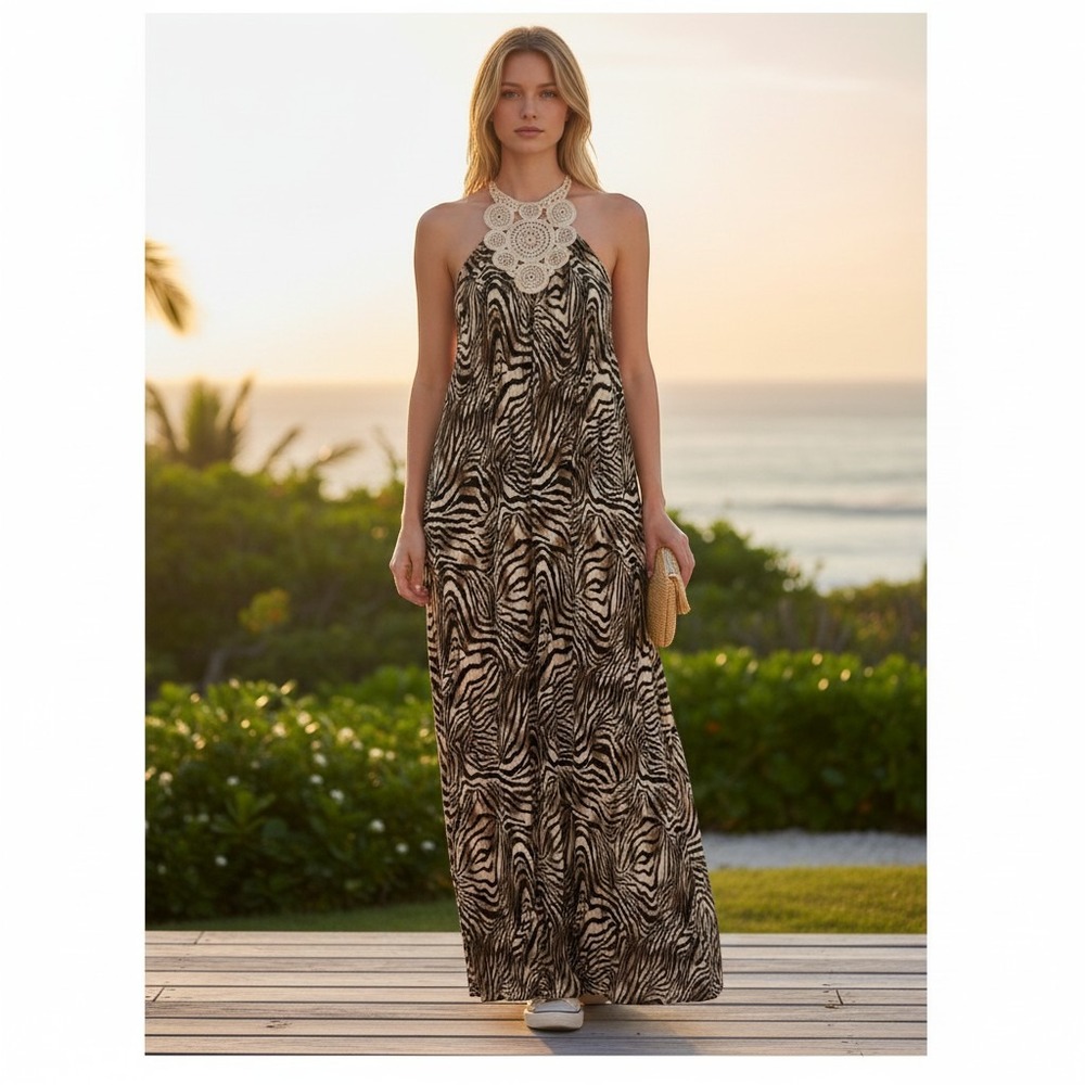 Muse for Boston Proper Zebra Print Crochet Lace Halter Maxi Dress Brown Cream 8